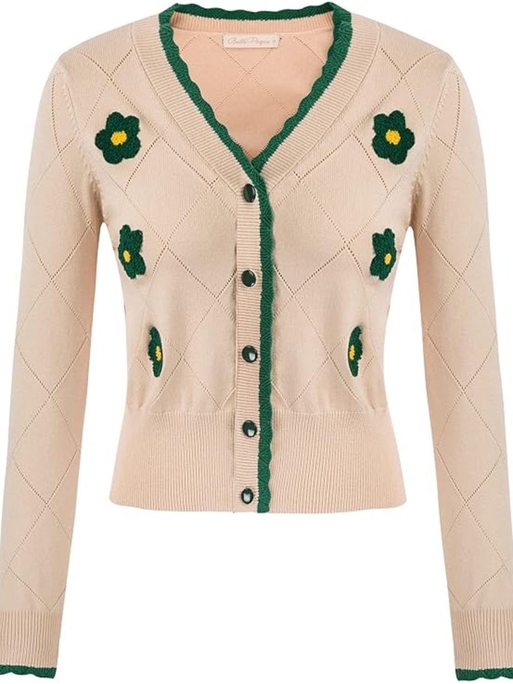 Belle Poque Pink Argyle Cardigan with Green Appliqué flowers M